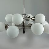 12-flame Sputnik chandelier from the 1960s and 1970s, Kaiser Leuchten, opal glass design