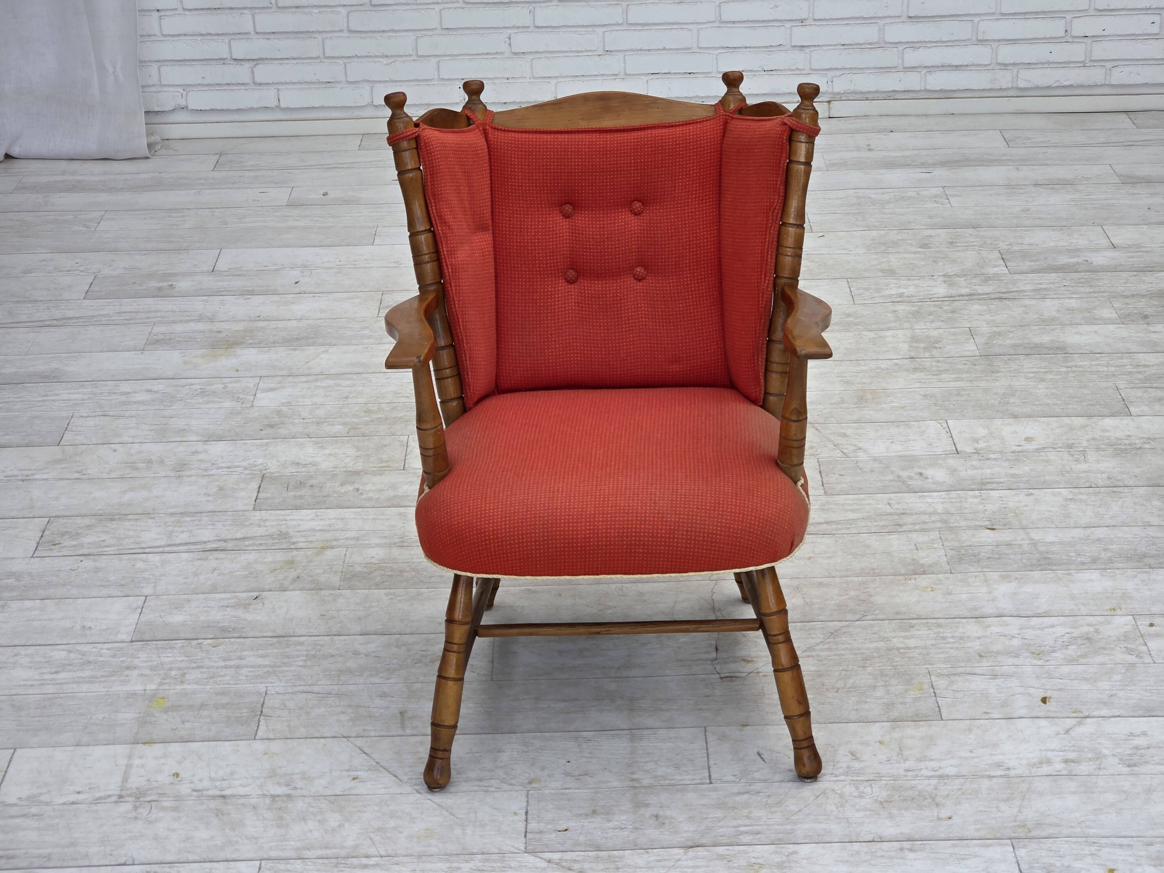 1960s, Scandinavian armchair. Red furniture wool, beech wood.