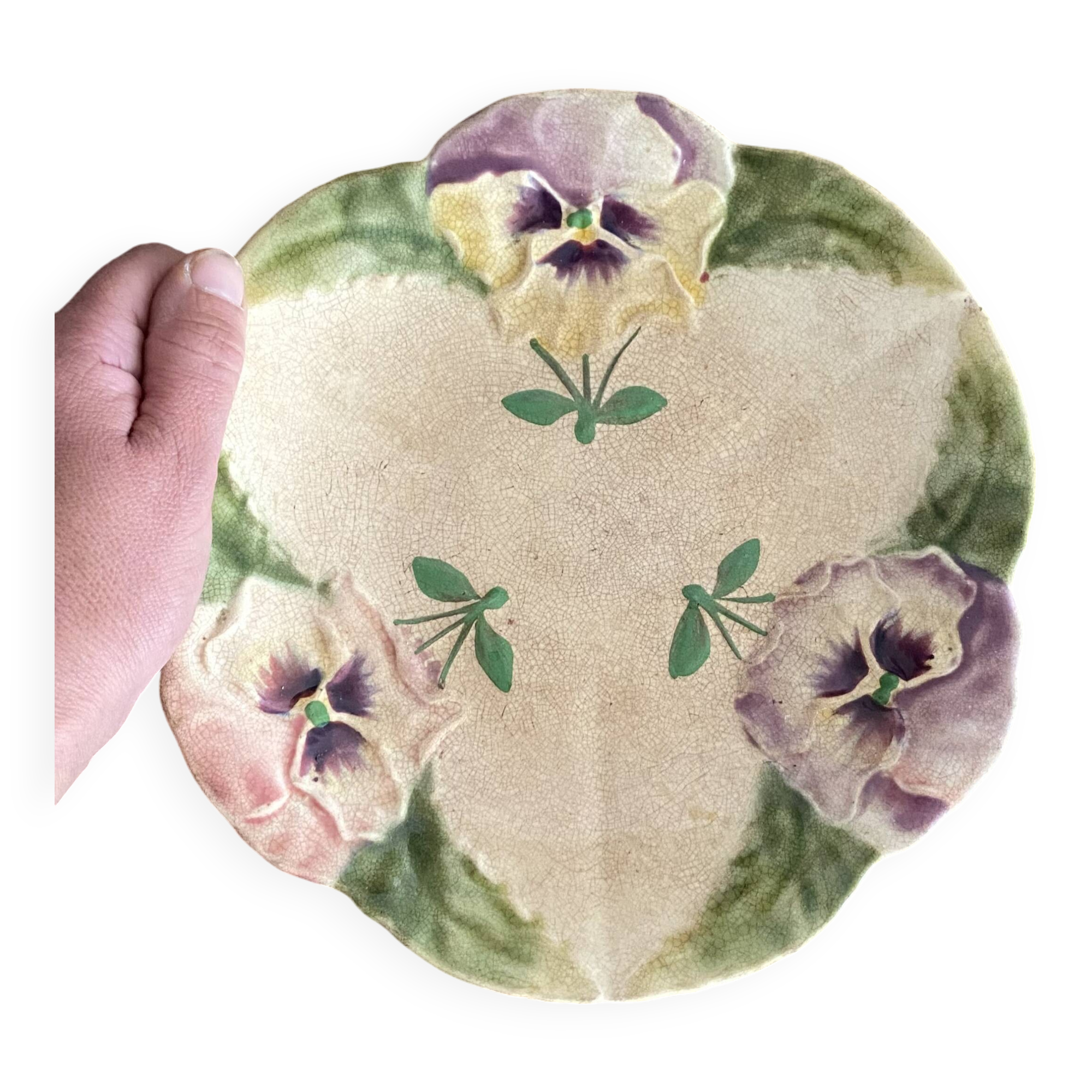 Footed dish in slip, pansy compote dish, Choisy le Roi