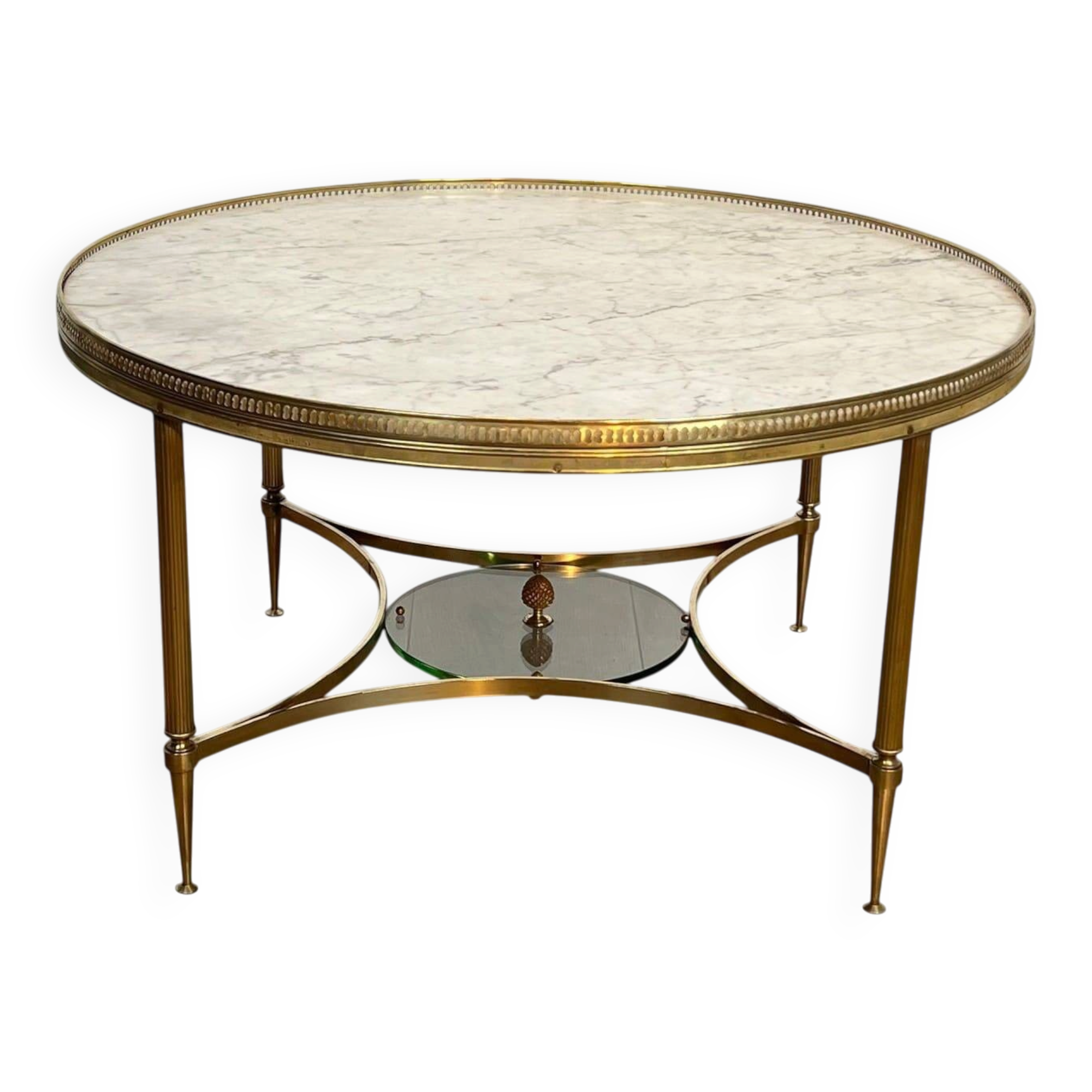 Neoclassical Round Coffee Table in Brass with Beaded Gallery. Marble Top