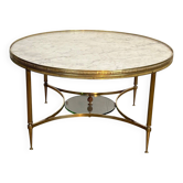 Neoclassical Round Coffee Table in Brass with Beaded Gallery. Marble Top
