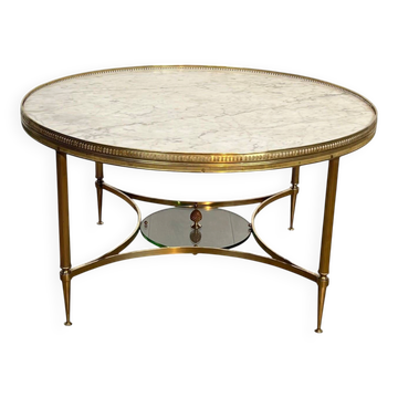 Table Basse Ronde Néoclassique en Laiton à Galerie Perlée. Plateau de Marbr