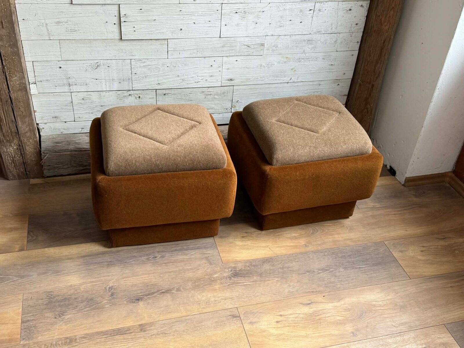 Ottomans Mid-Century Modern en marron et beige, années 1950, ensemble de 2