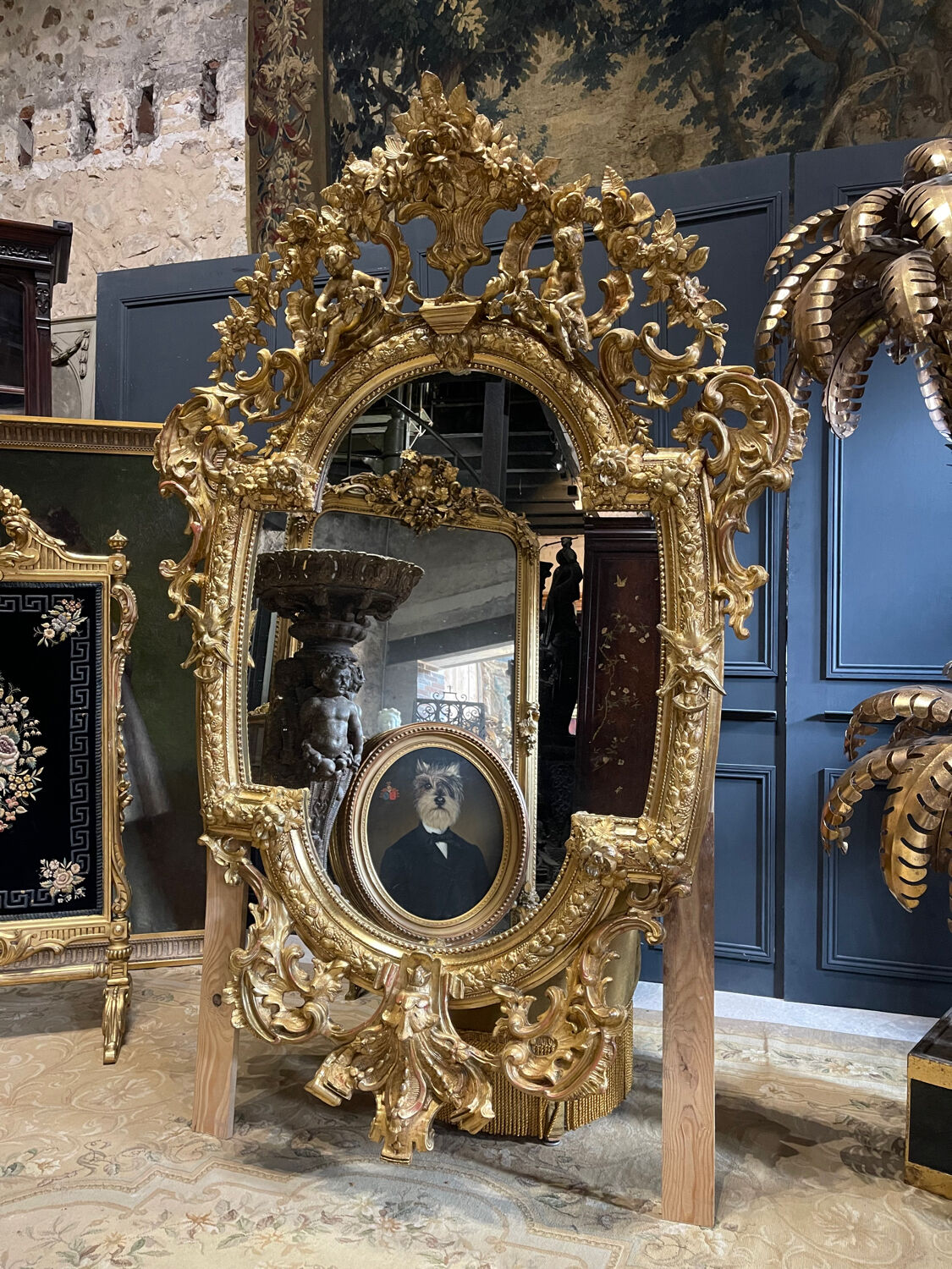 Mirror with Putti in Gilded Wood from the Napoléon III Period 1.96m x 1.33m