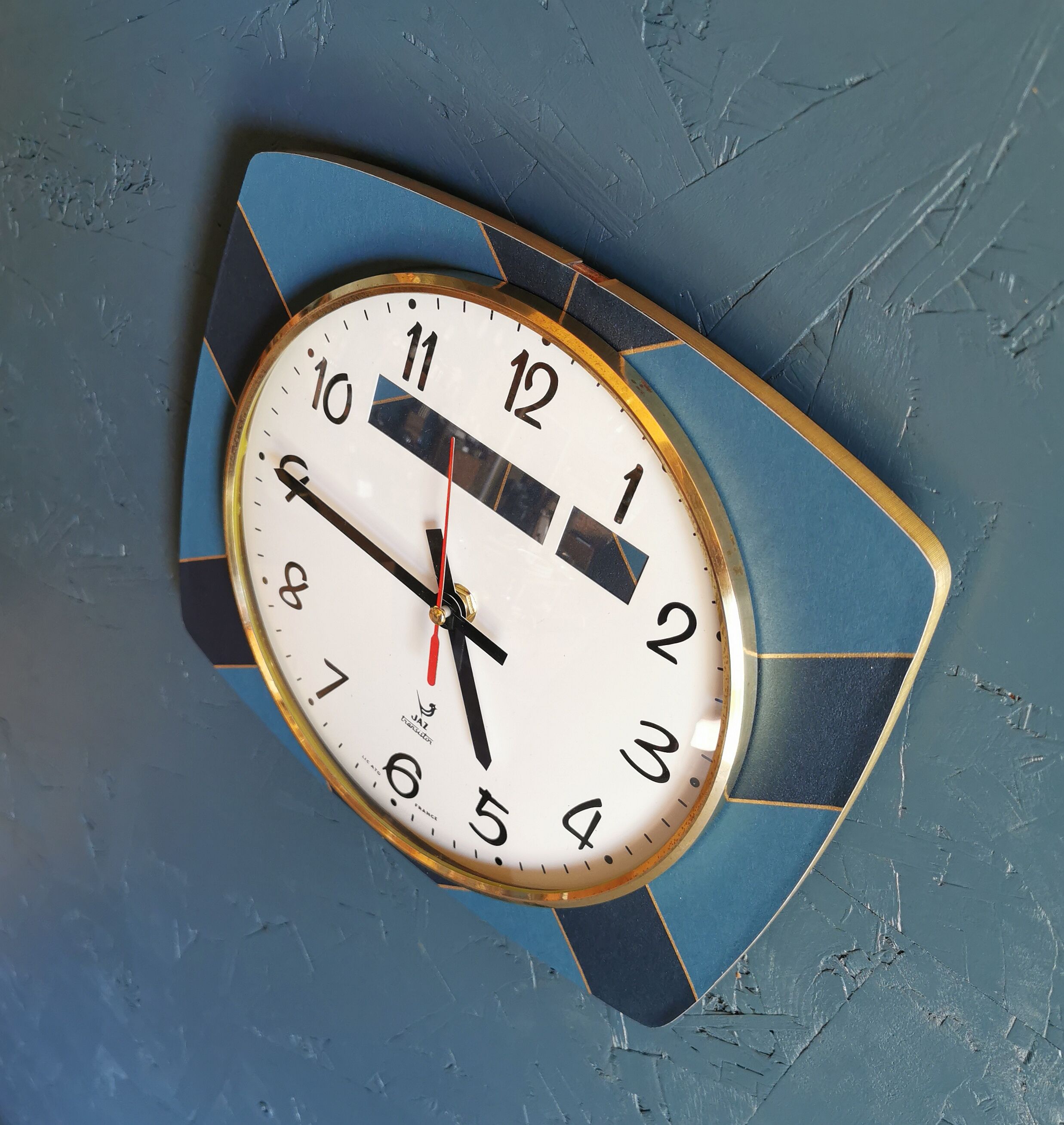 Vintage formica clock rectangular silent wall clock "Jaz golden blue"