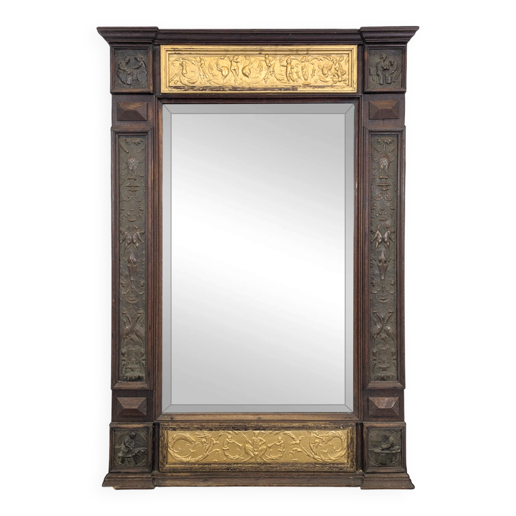 Renaissance-style mirror in wood and copper with a craftsmanship theme.