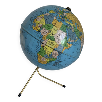 Vintage 1960 golden terrestrial globe by Taride, tripod world map - 28 cm