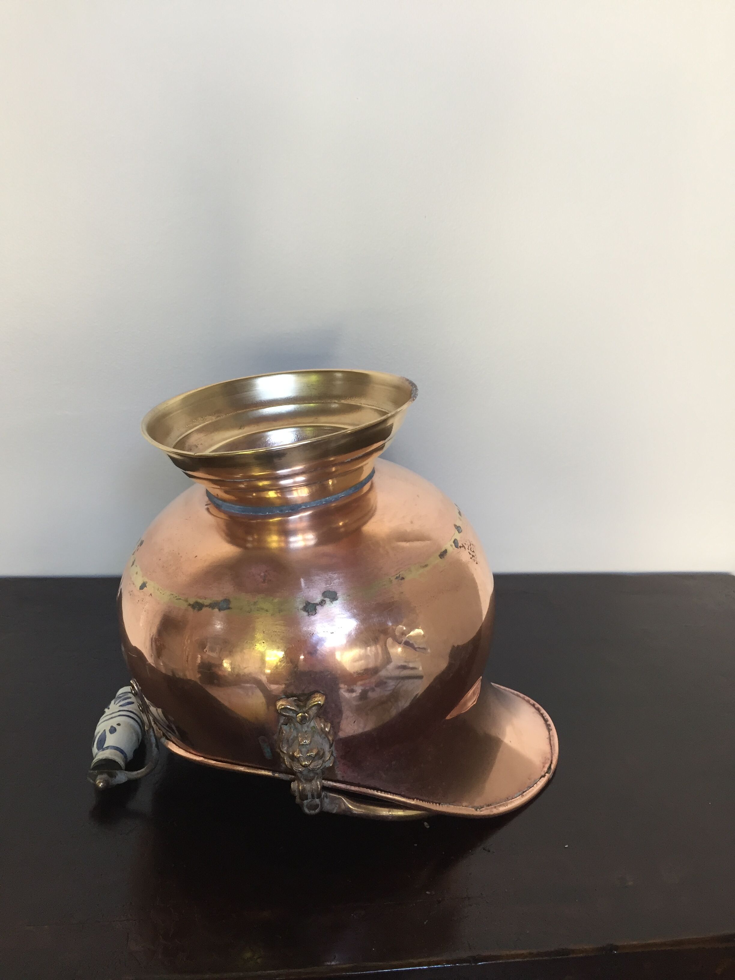 Ancient pink copper pot cover and porcelain handle
