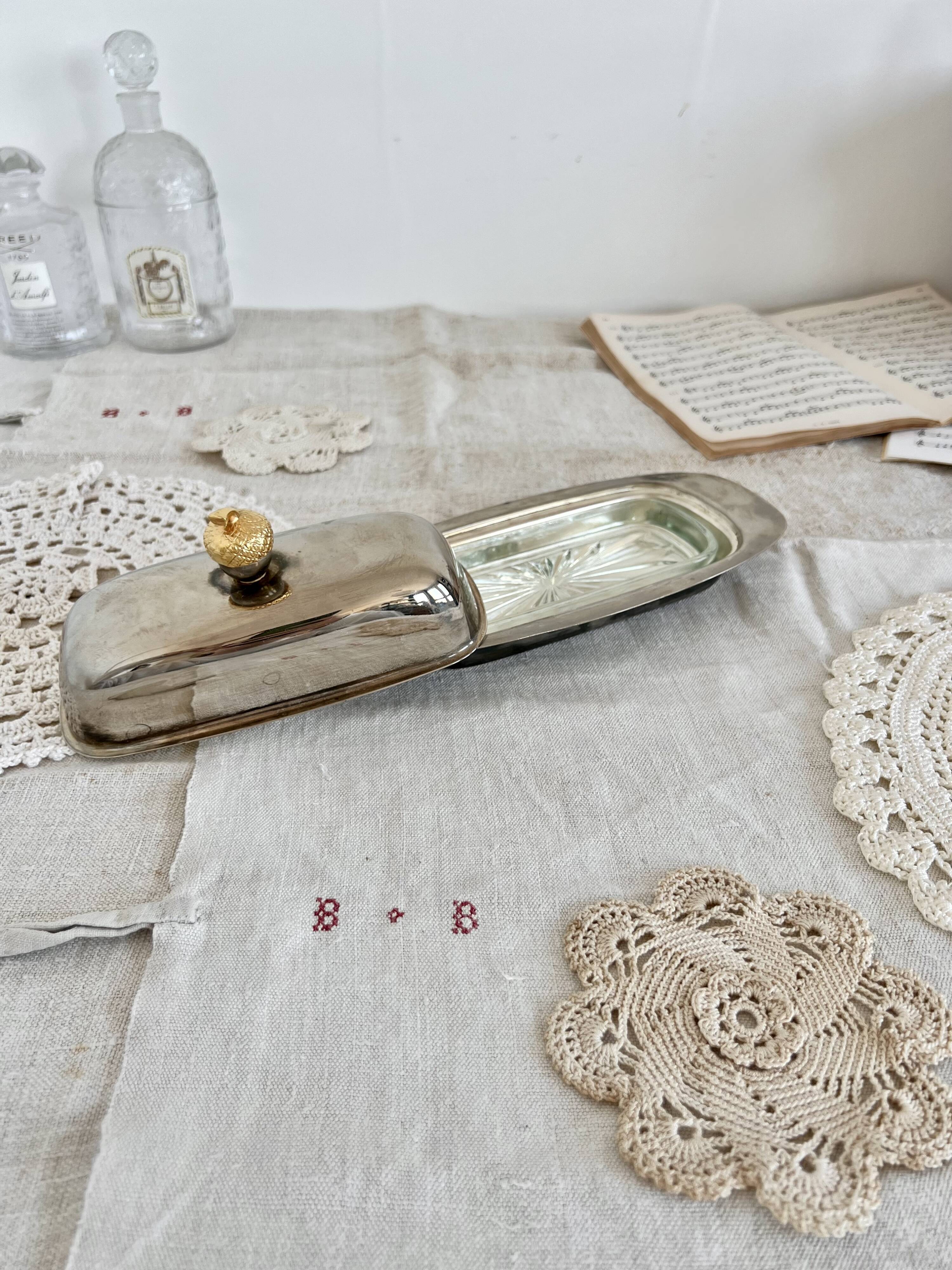 Vintage stainless steel butter dish, acorn and molded glass cup