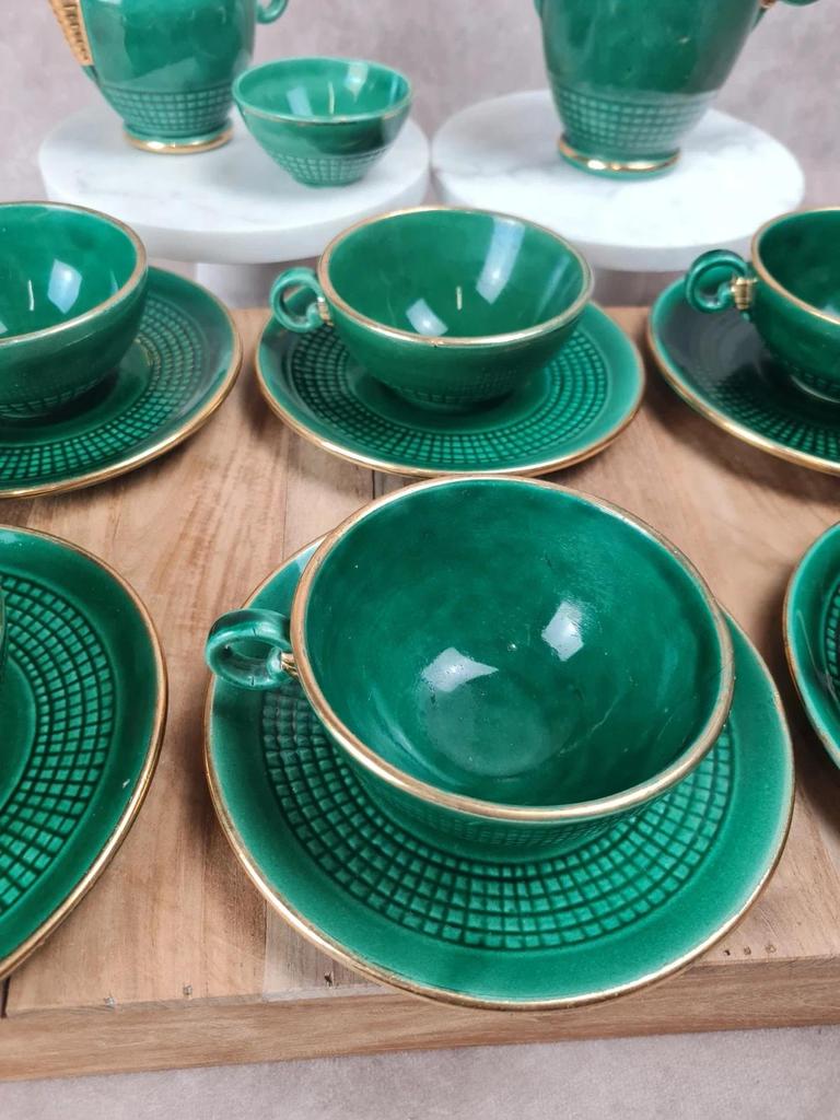 Service à café / thé Saint-Clément modèle 4044 vert émaillé doré – Art déco