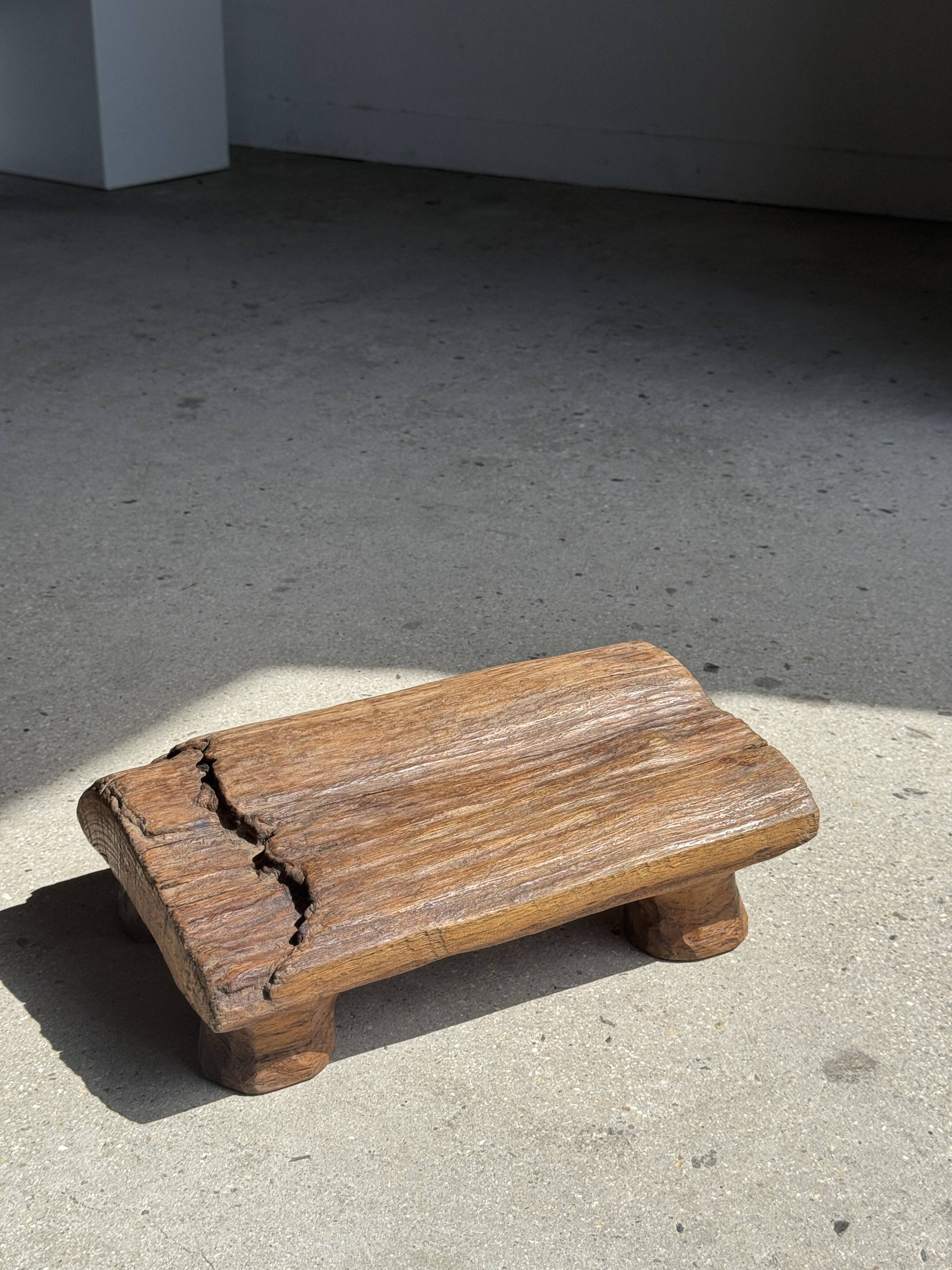 Small stool, footrest in organic blond teak monoxyle wabi-sabi L22