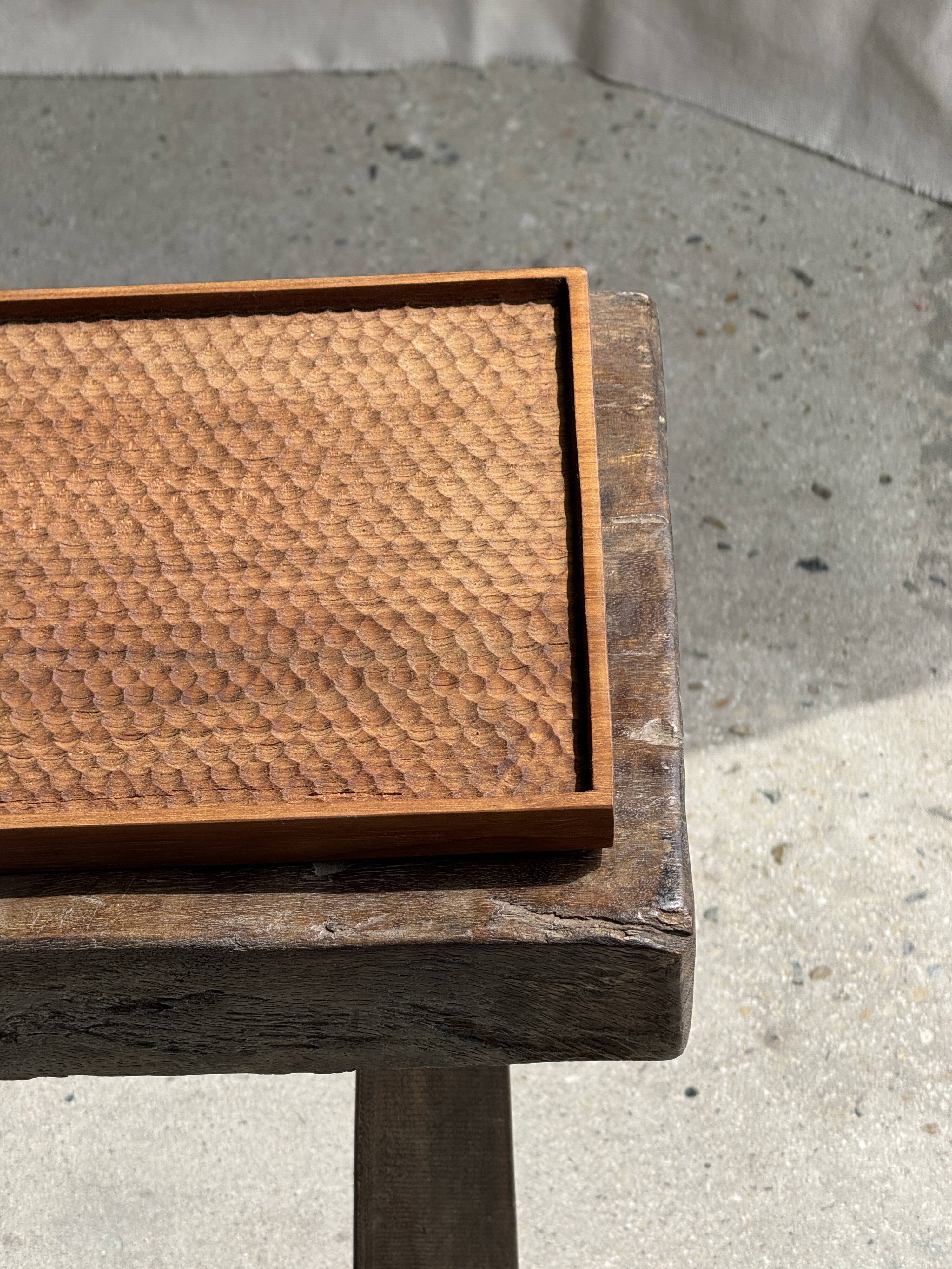 Rectangular solid teak platter with carved edges 33x24