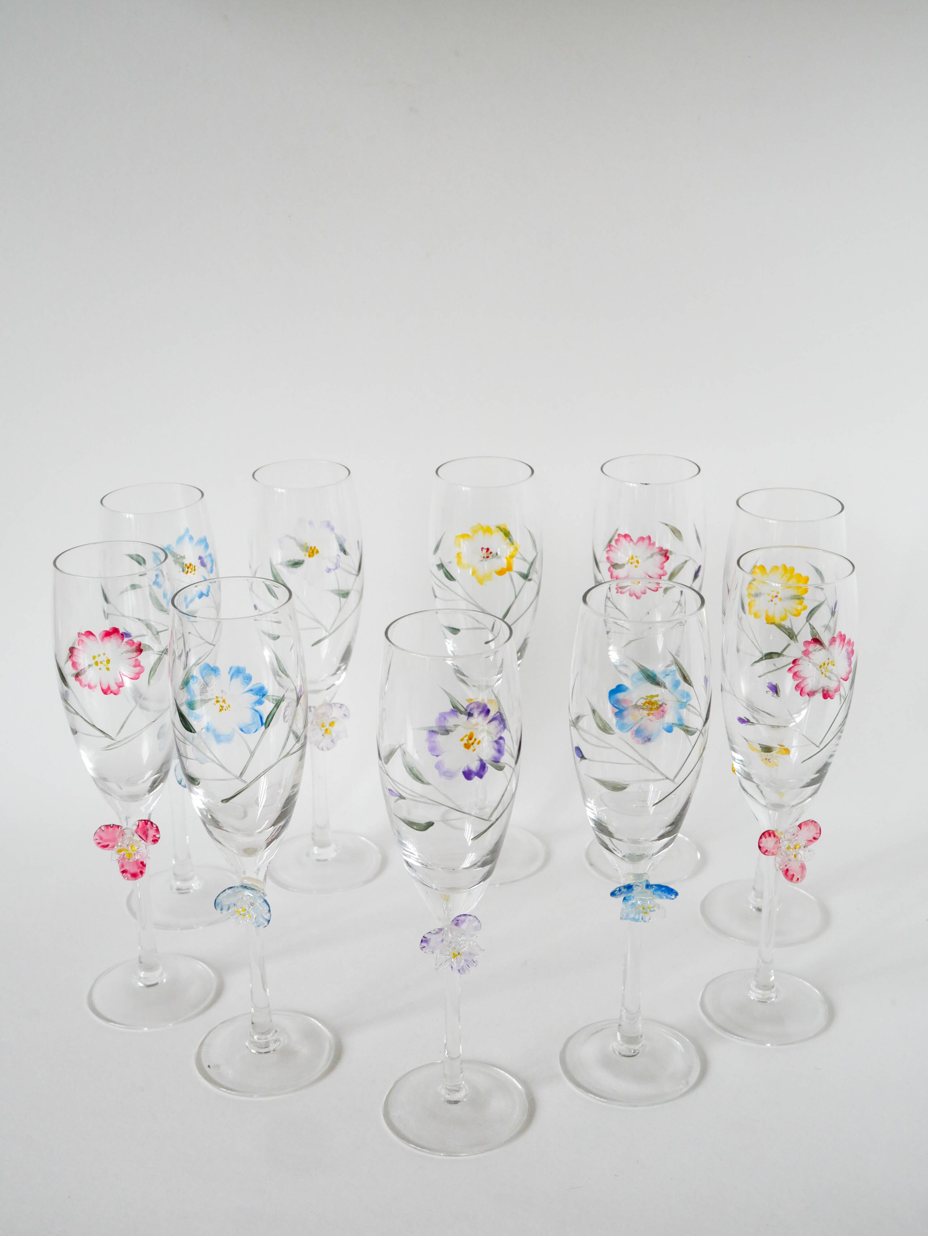 Set of 10 hand-painted champagne flutes with embossed flowers