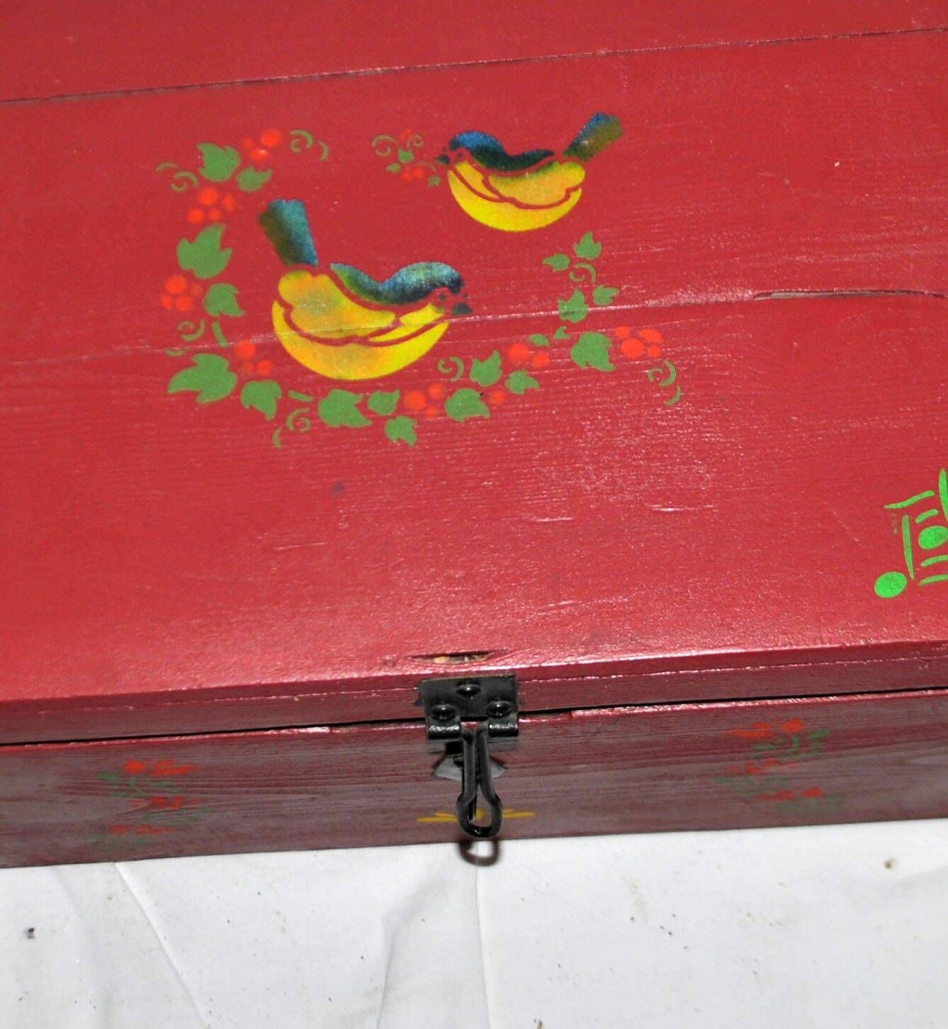 Vintage wooden trunk – toy chest or music box with painted stencil bird decoration.