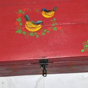 Vintage wooden trunk – toy chest or music box with painted stencil bird decoration.