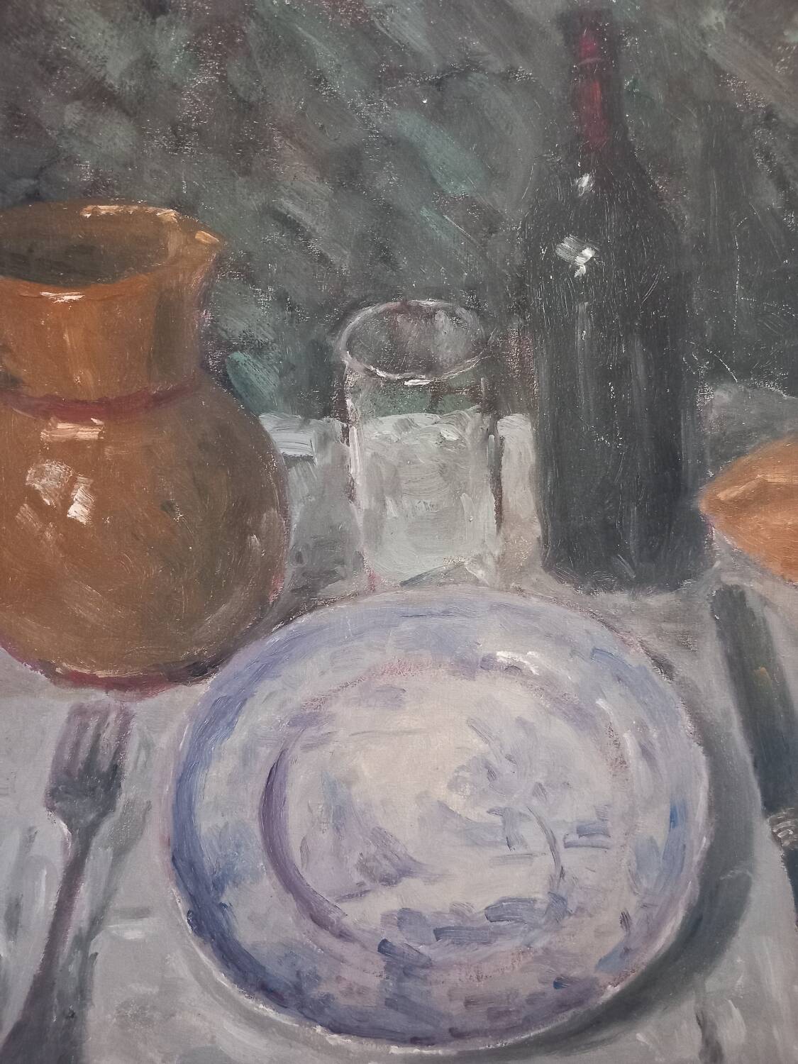 Oil painting. Still life with wine bottle