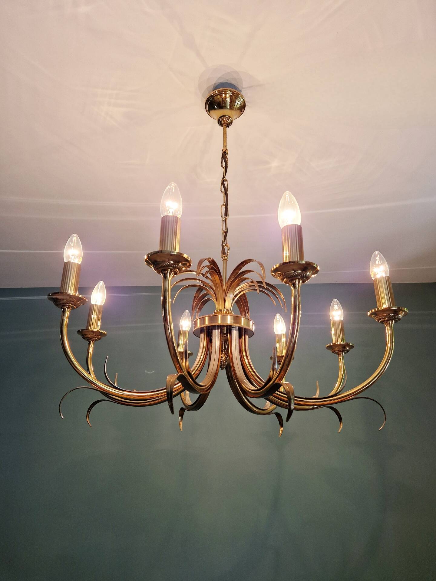 Brass chandelier, pineapple leaf decoration, Boulanger, 1970