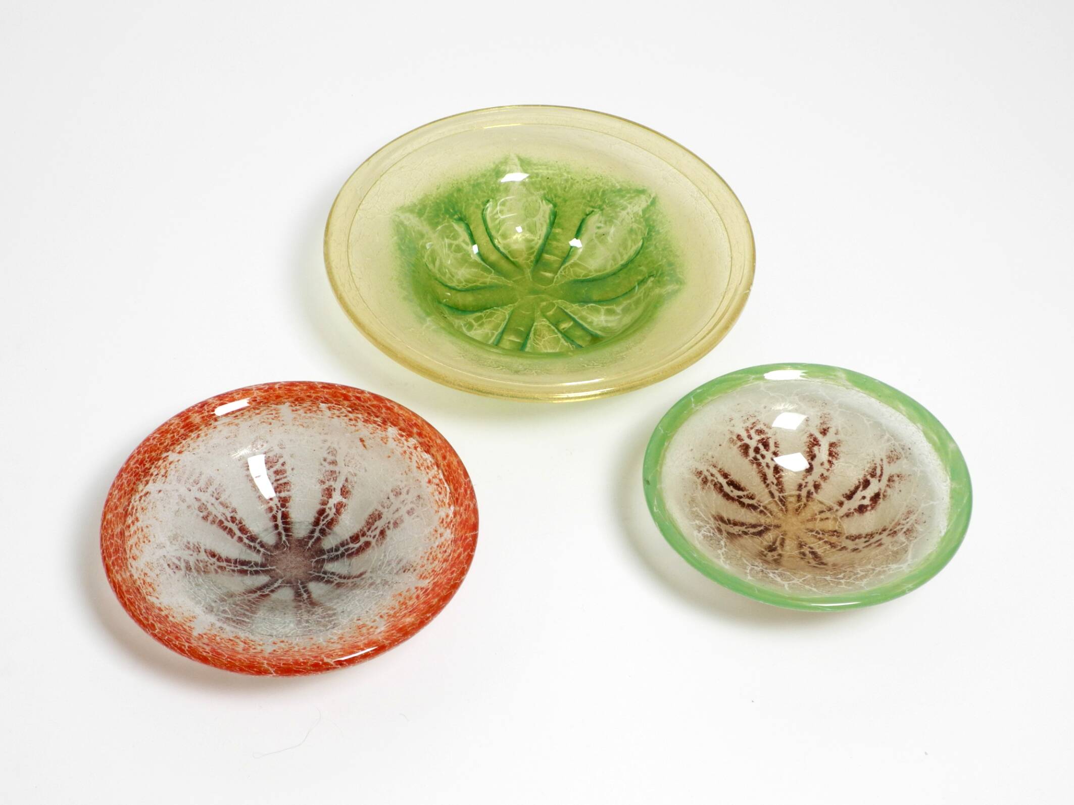 Three large colored 1930s glass bowls by Karl Wiedmann for WMF Ikora