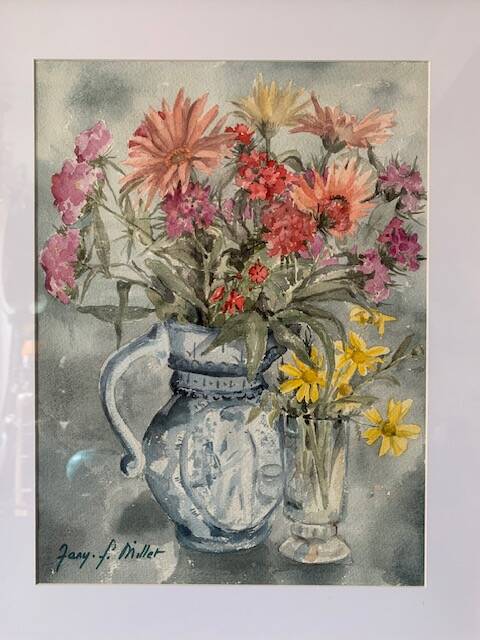 Old watercolor signed Jany. F. Millet (1926-1992), bouquet of flowers under framed glass, 1950