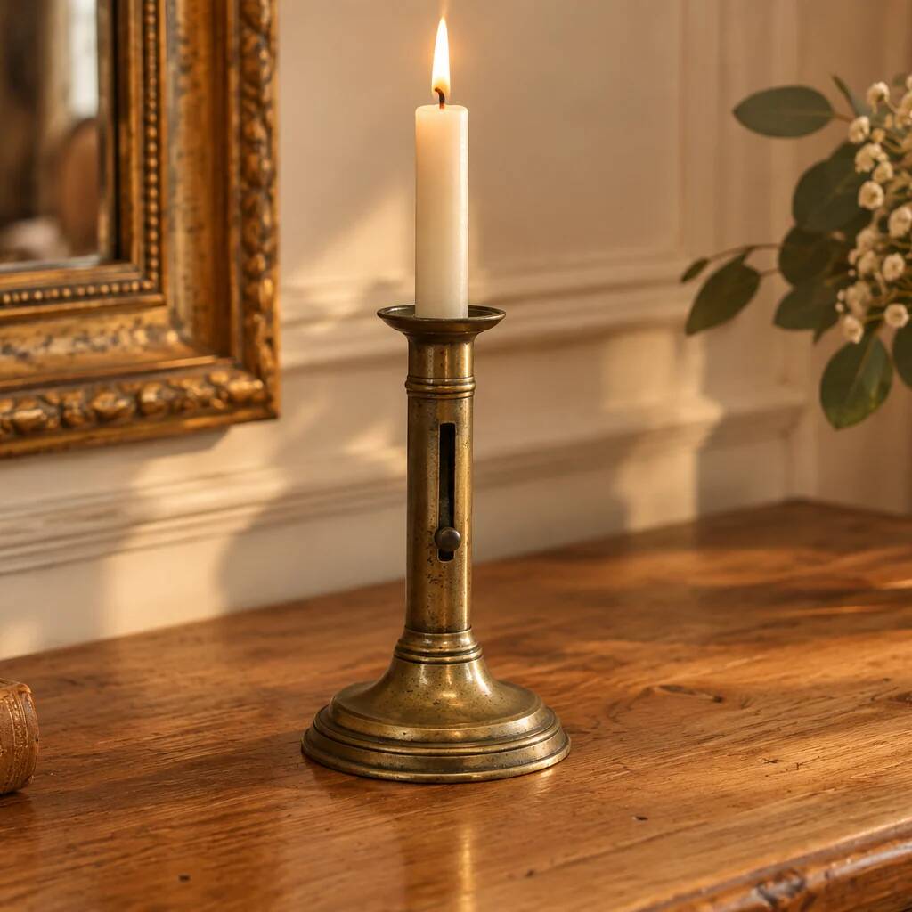 Antique brass push candle holder – vintage patinated candlestick H20 cm