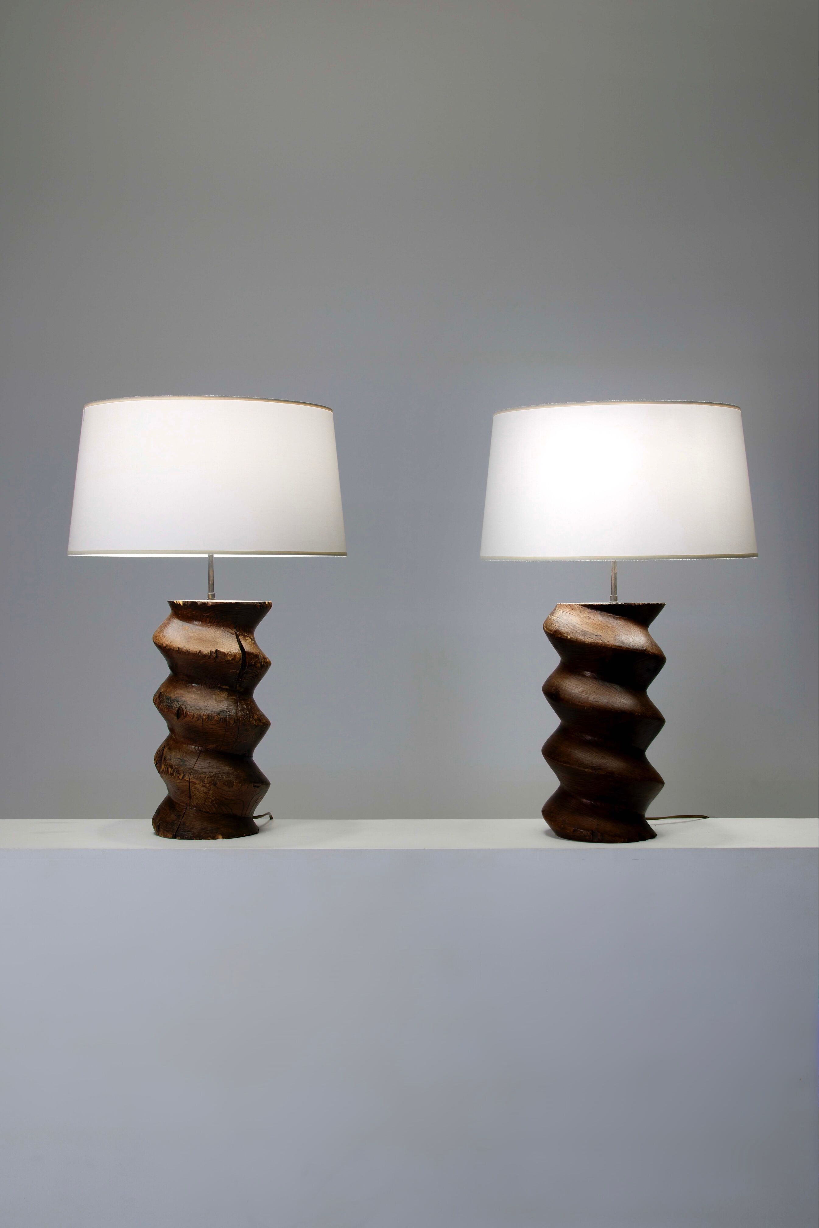 Pair of Brutalist Solid Wood Lamps