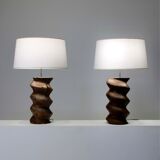 Pair of Brutalist Solid Wood Lamps