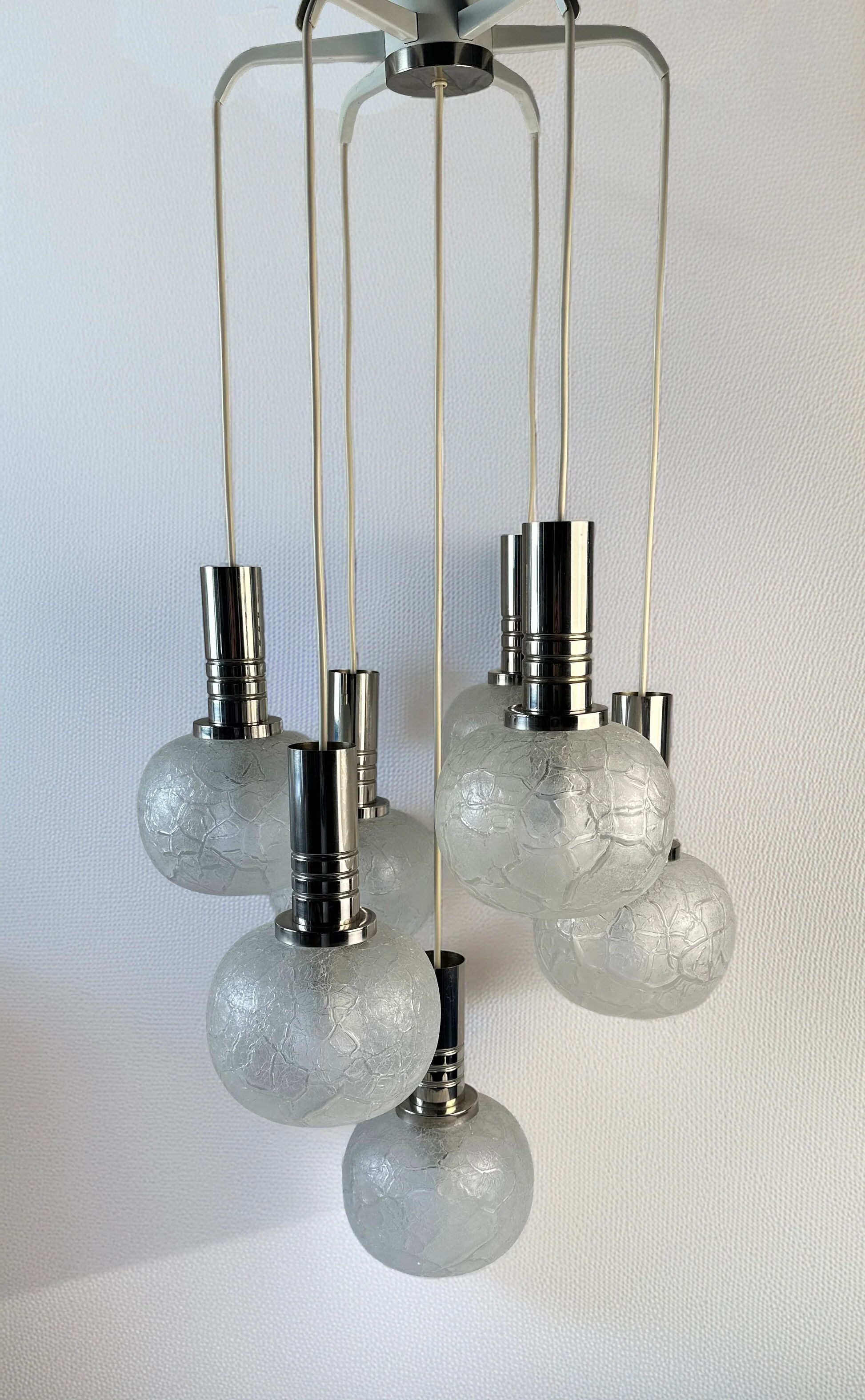Vintage Doria Leuchten suspension with 7 cracked glass globes.