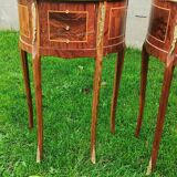 half-moon bedside pair in marquetry, bronze ornaments