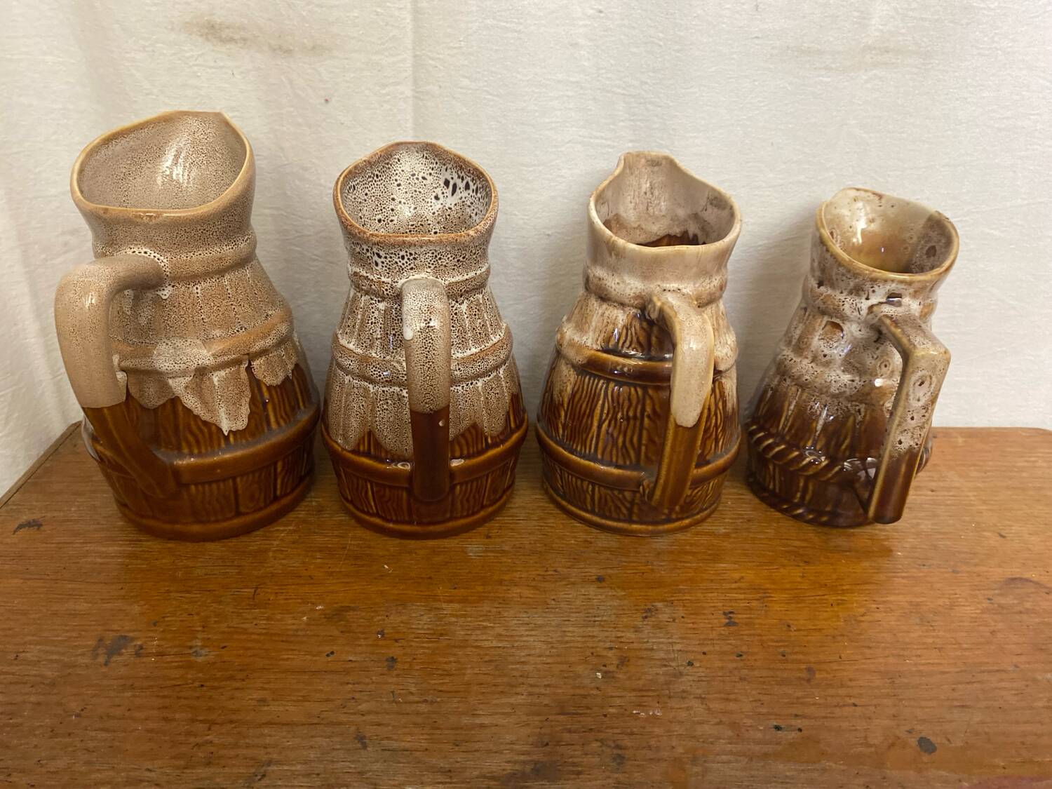 Set of 3 Barrel-Shaped Pitchers in the RÉVOL Style, Vintage Flamed Ceramic