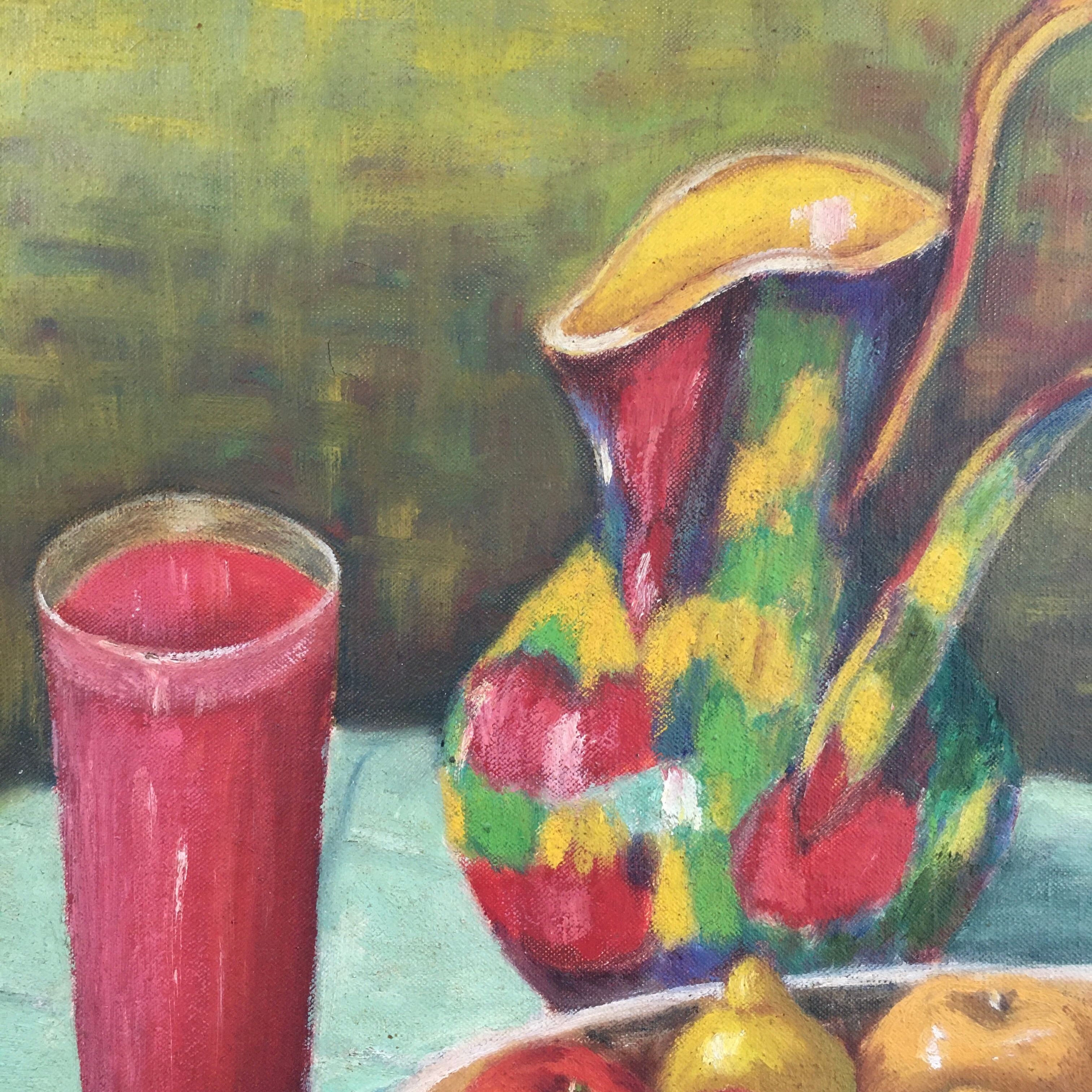 Still life painting with a pitcher and fruit