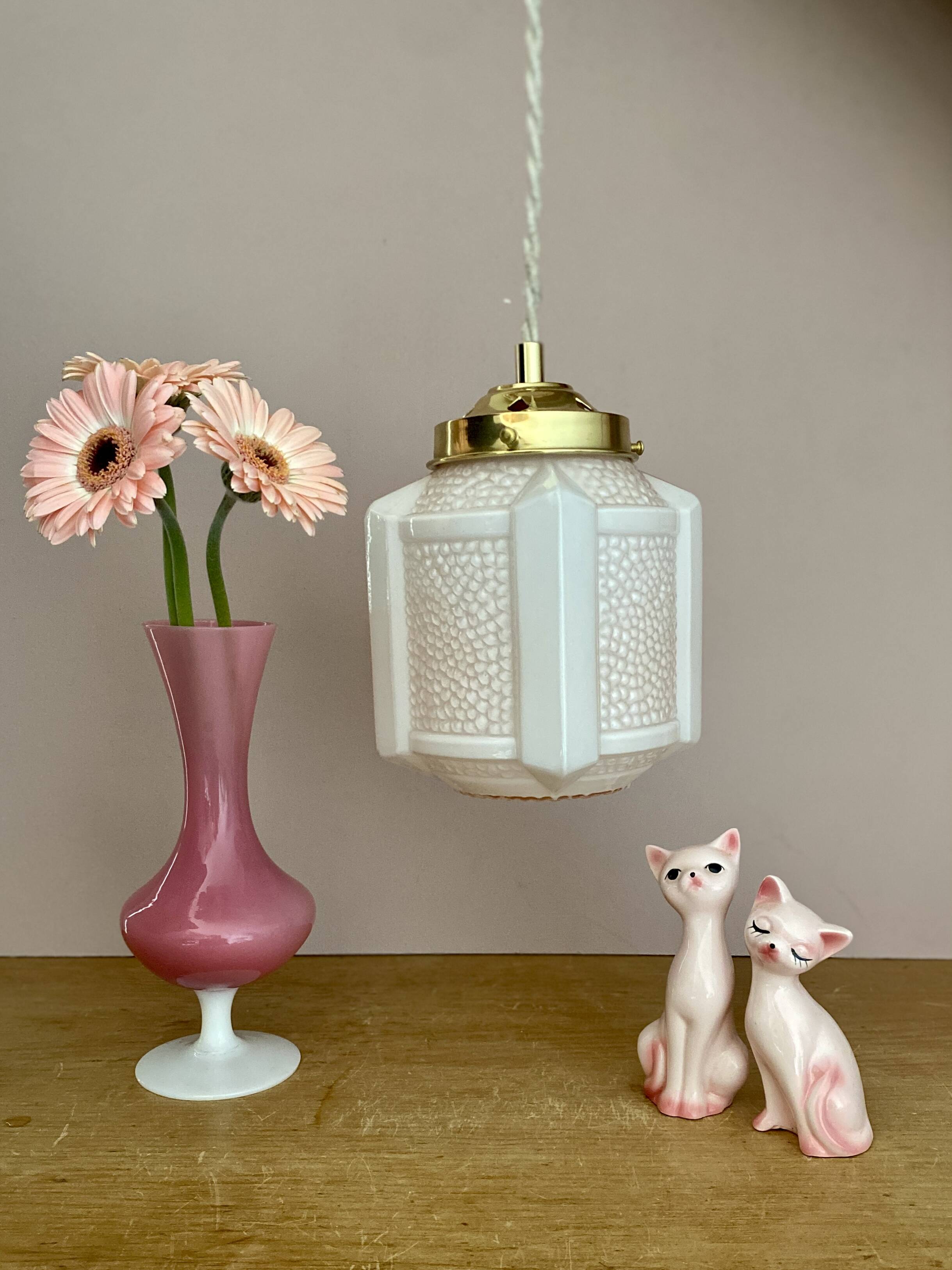 Vintage art deco globe pendant light in pale pink opaline.