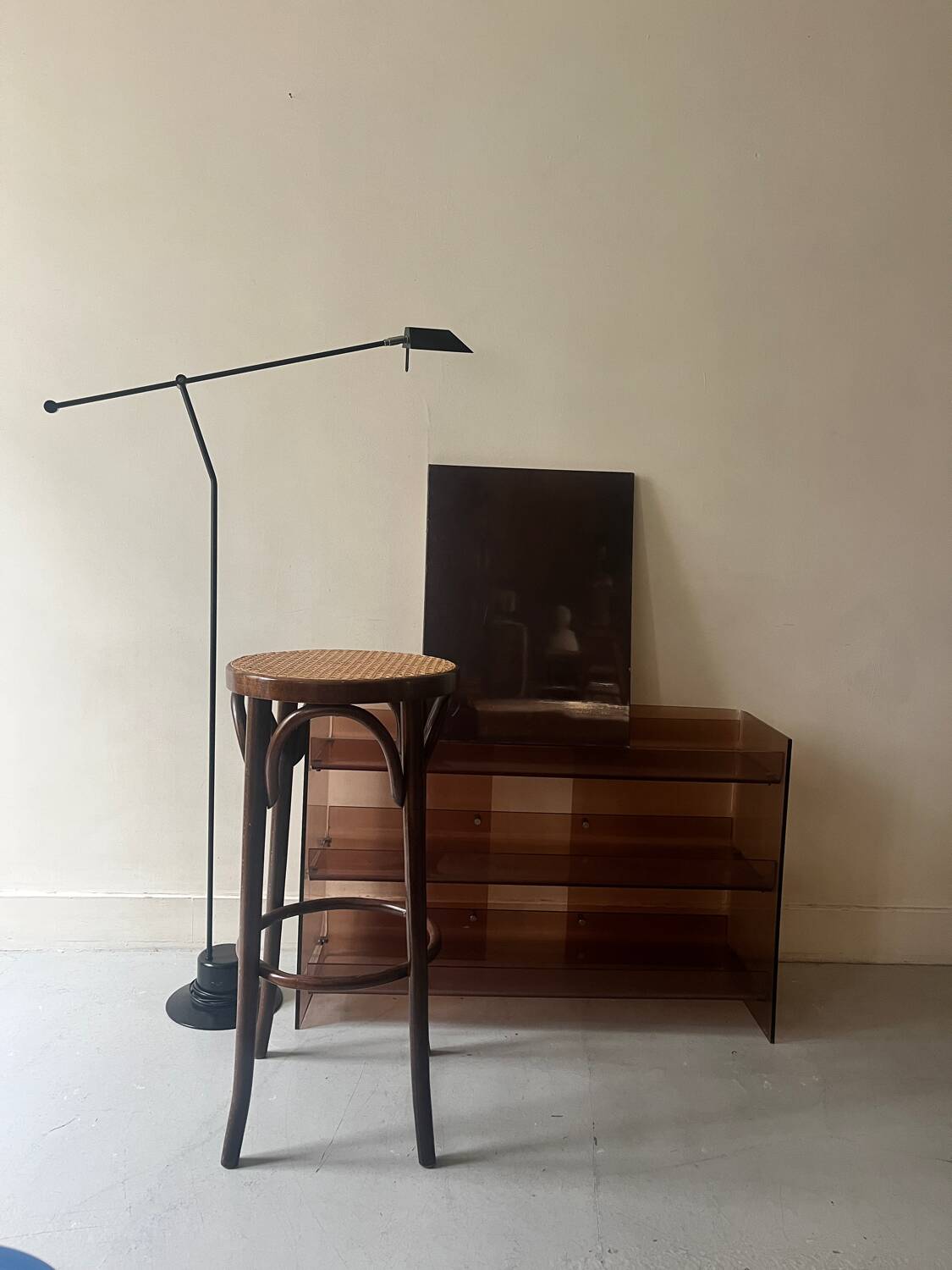 High bistro stool in turned wood and new cane, 1950