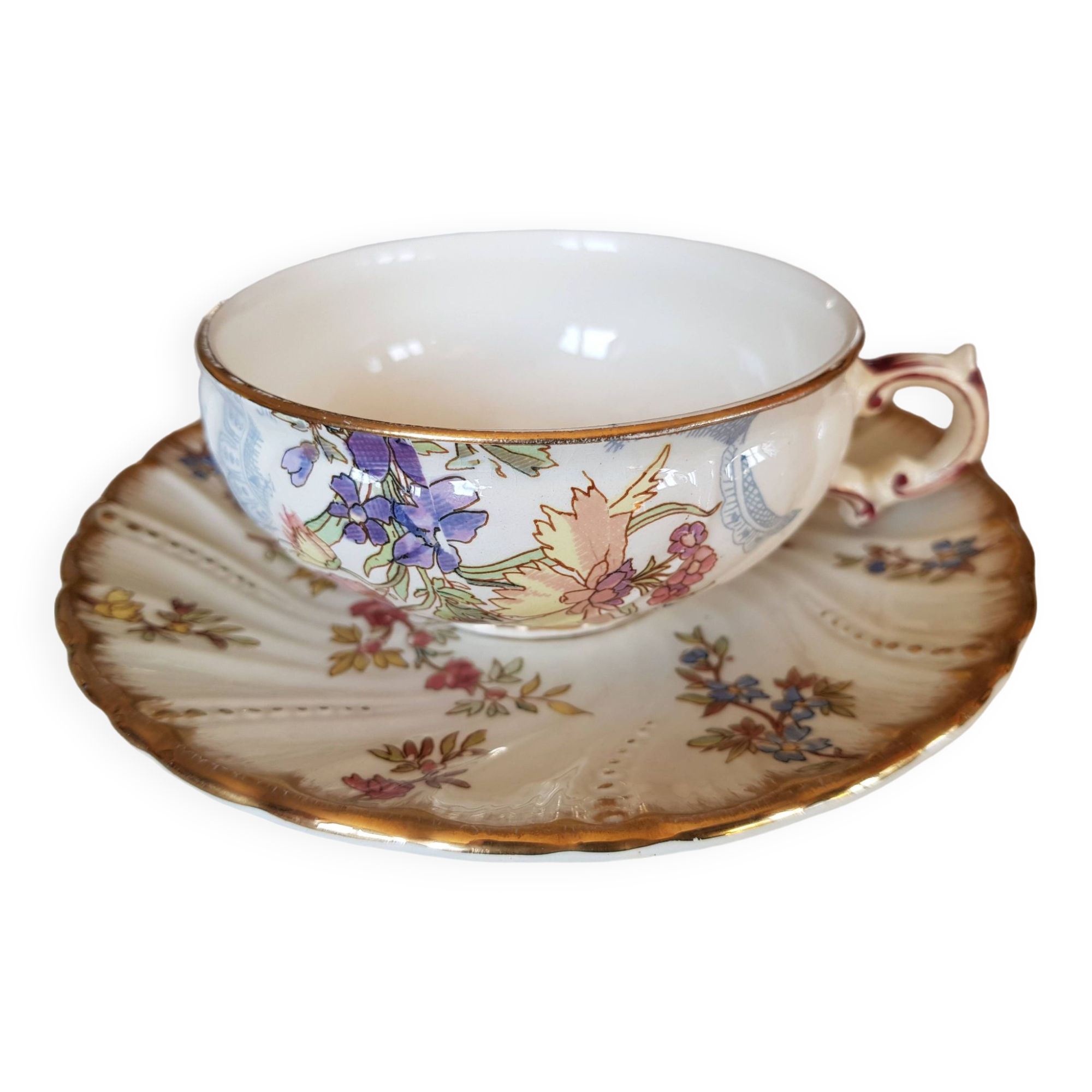 Rare 19th century cup and saucer, Sarreguemines earthenware, Louis XV model