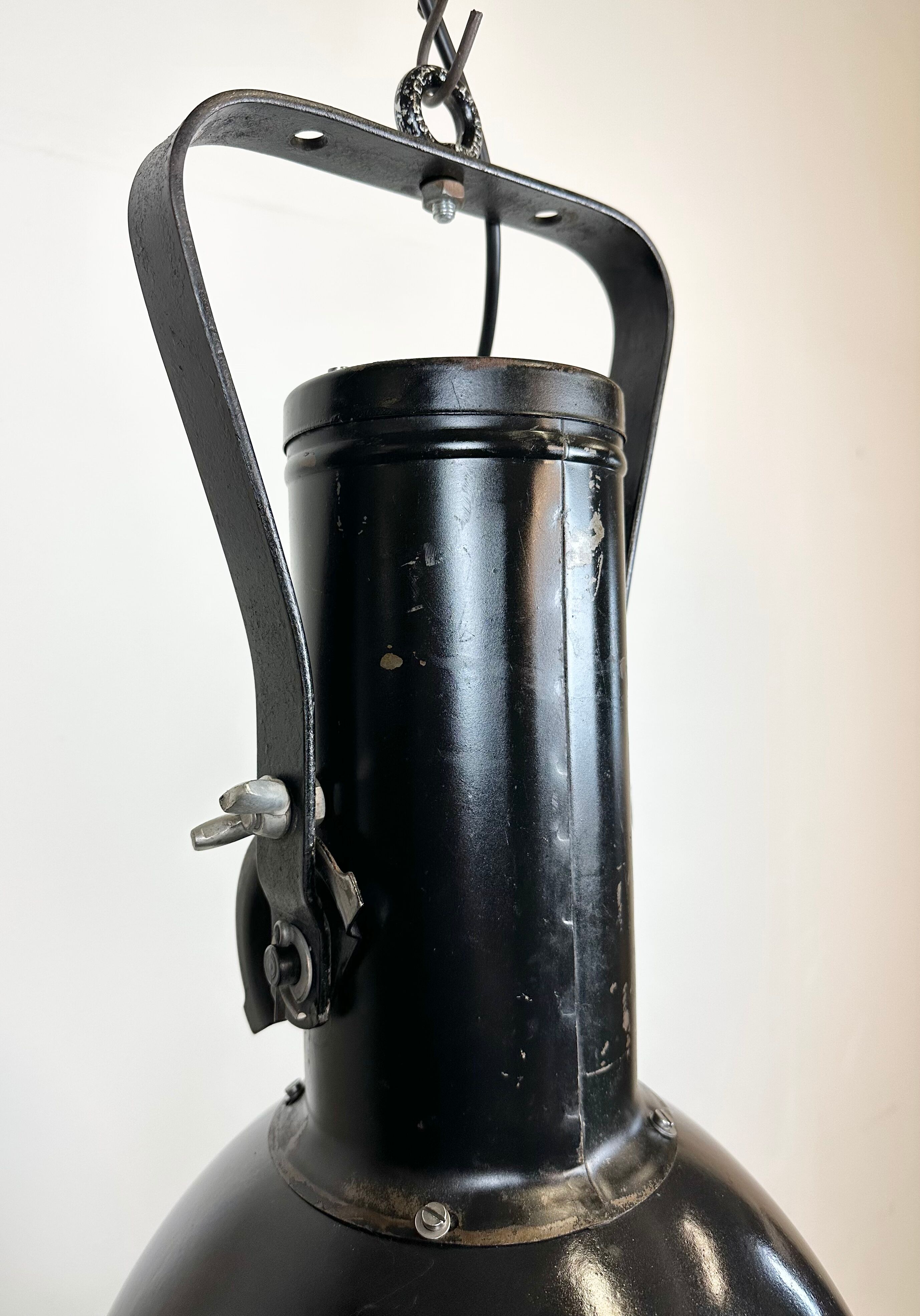 Industrial Black Enamel Factory Spotlight with Convex Glass Cover, 1960s