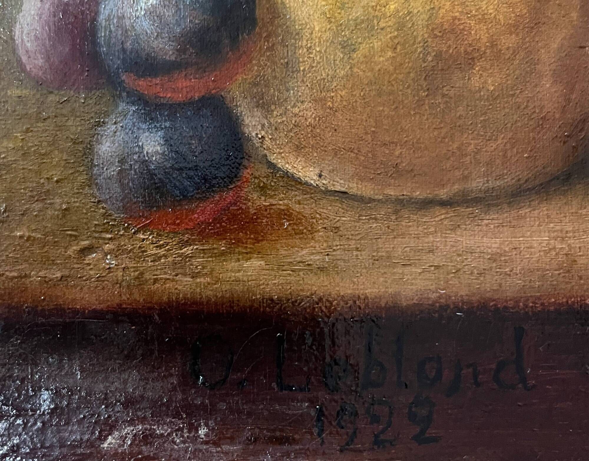 Antique oil painting on canvas "Still Life with Fruit" signed O. Leblond 1922