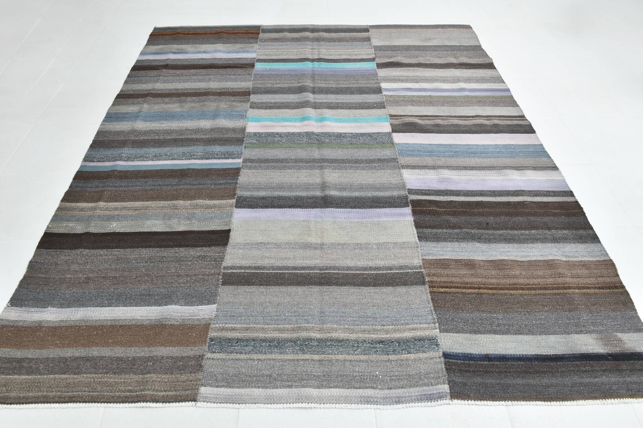 7x9 Gray & Teal Green Handmade Kilim Rug, 224x264Cm