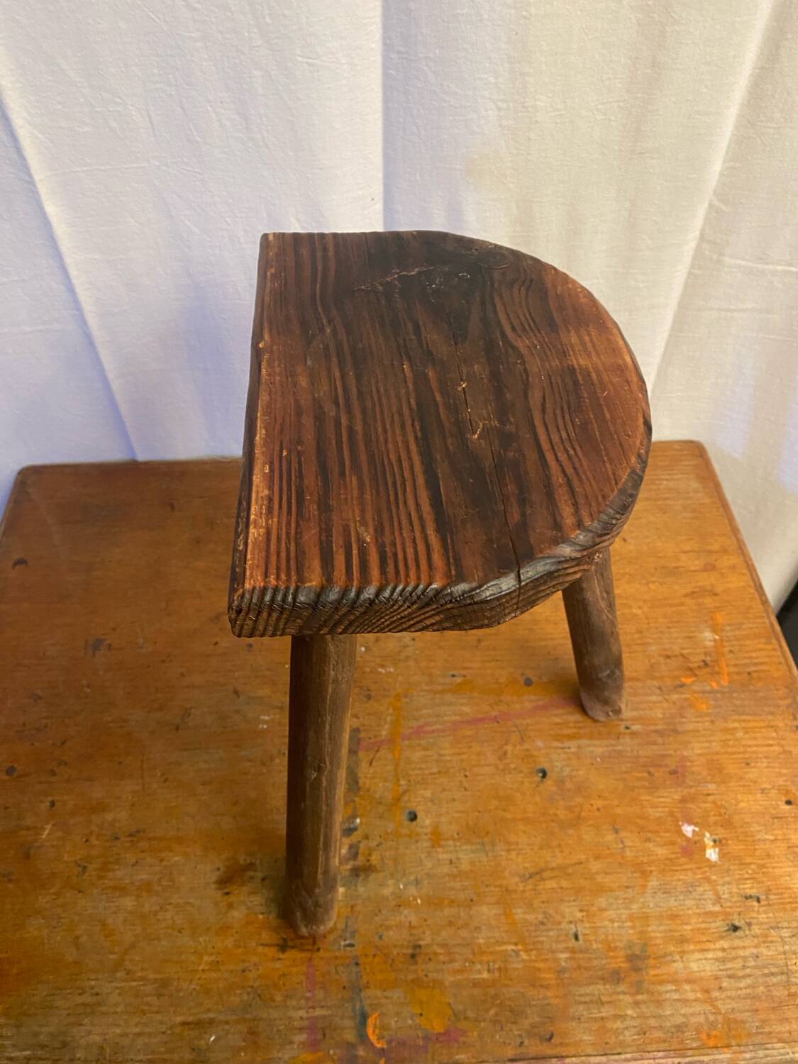Antique milking stool tripod wood half moon seat vintage