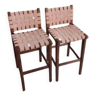 Duo tabourets de bar en bois et cuir