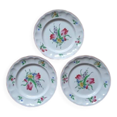 Kg luneville " réverbère " 3 assiettes plates faience fleurs peint main ø25,5 cm