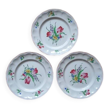 Kg luneville " réverbère " 3 assiettes plates faience fleurs peint main ø25,5 cm