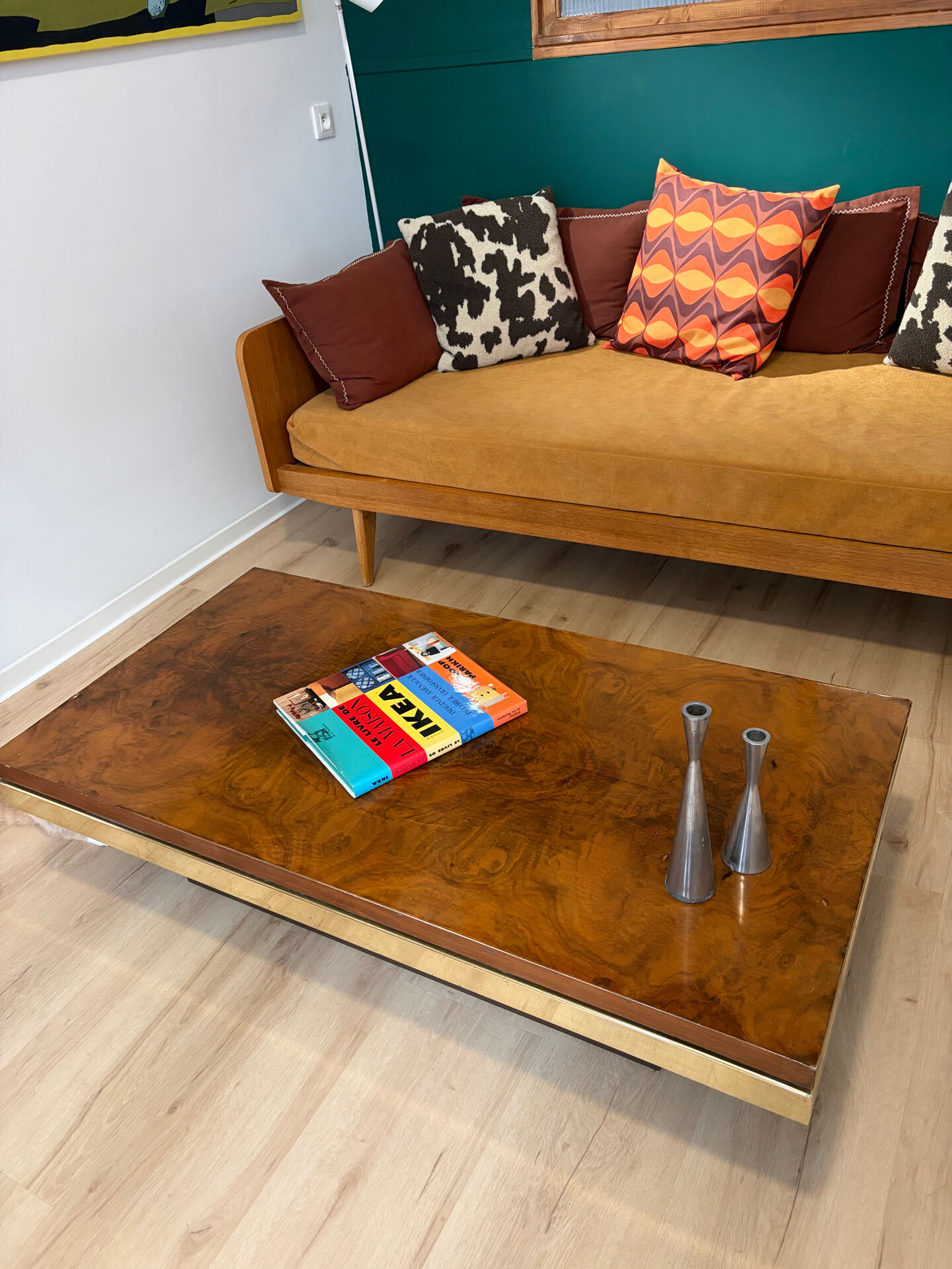 Elm burl coffee table and brass 70s Roche Bobois