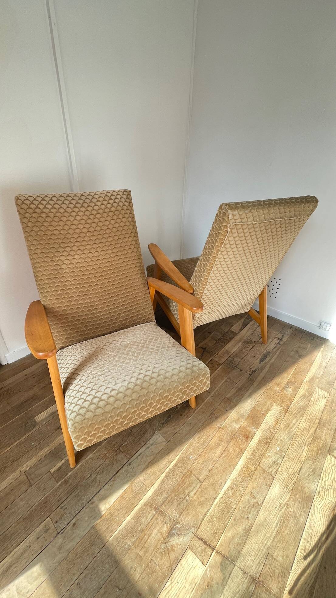 Pair of Manucere armchairs with vintage compass legs