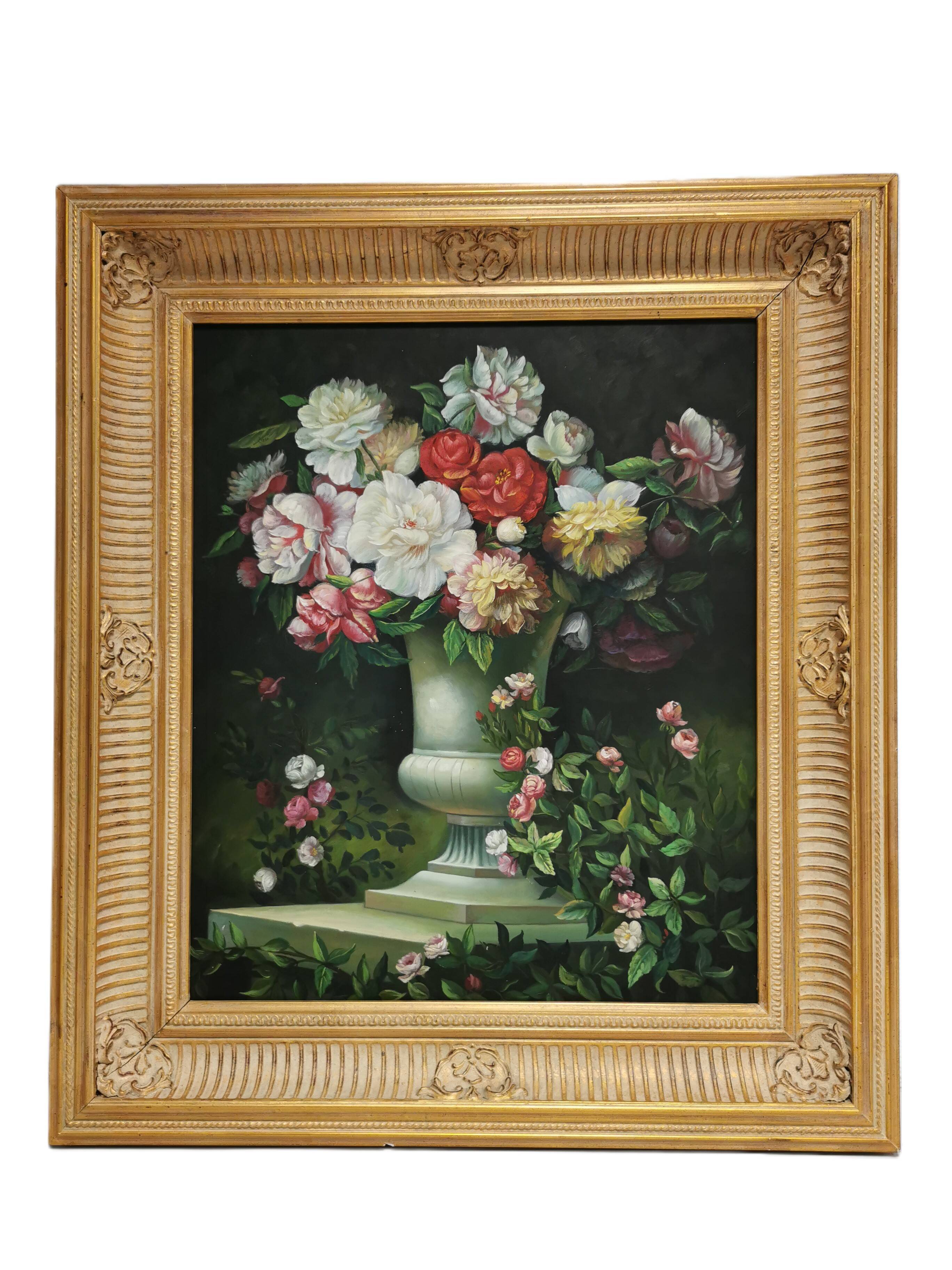 Painting / oil on canvas, Superb Bouquet of Flowers Medici Vase. Golden Frame
