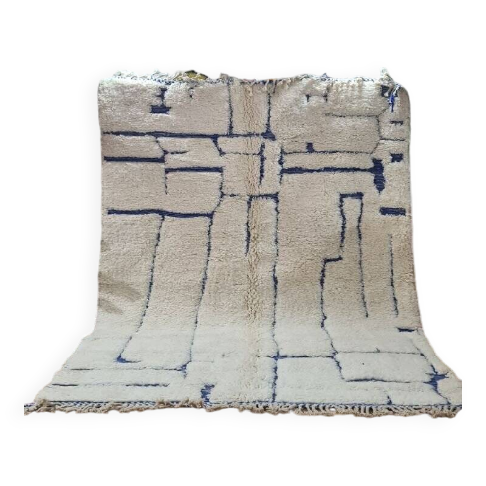 Modern Moroccan Beni Ouarain rug with blue geometric lines