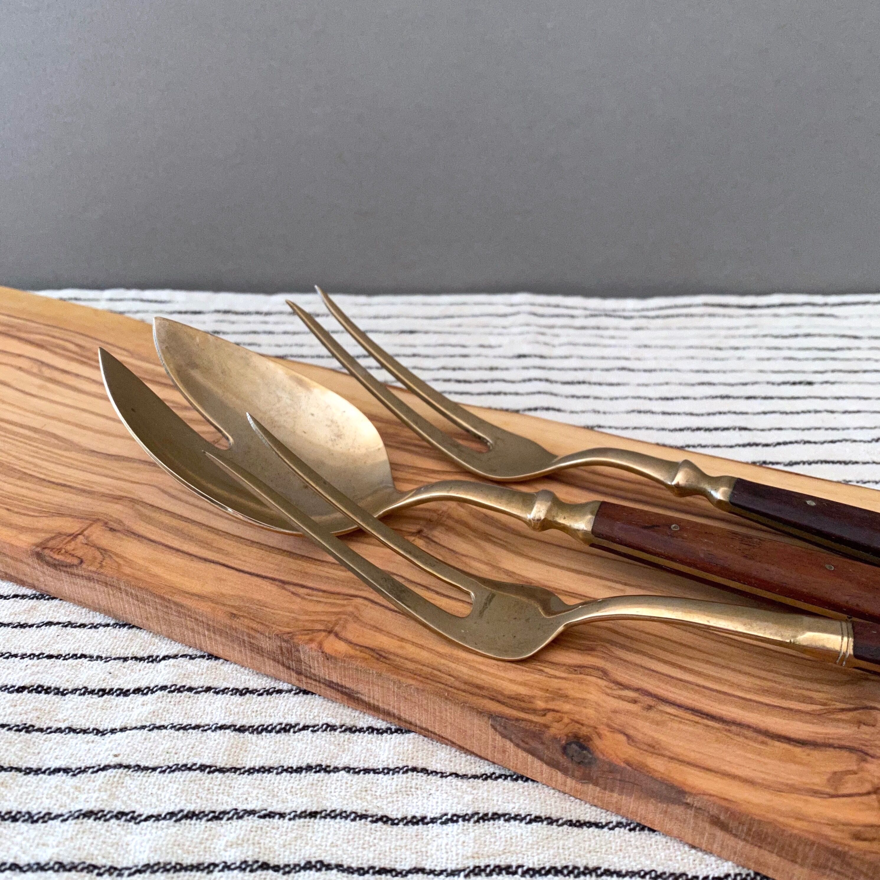 French Vintage Serving Set, Spoon and Fork, Wood Brass, Mid Century Cutlery
