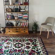 White vintage floral rug made by hand in Romania, beautiful flowers