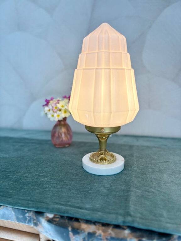 Art Deco lamp with pastel pink opaline globe.