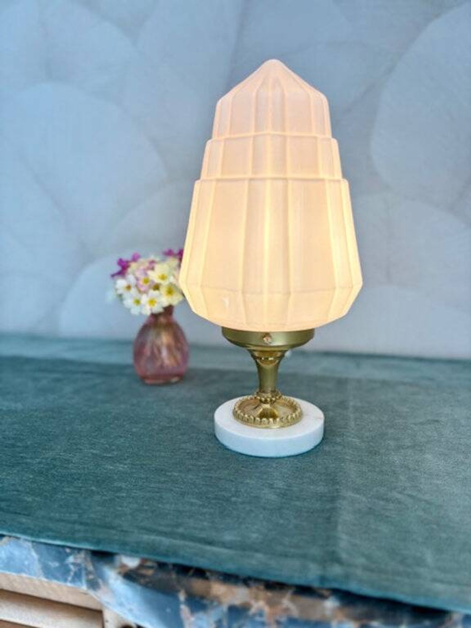 Art Deco lamp with pastel pink opaline globe.