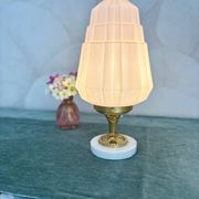 Art Deco lamp with pastel pink opaline globe.