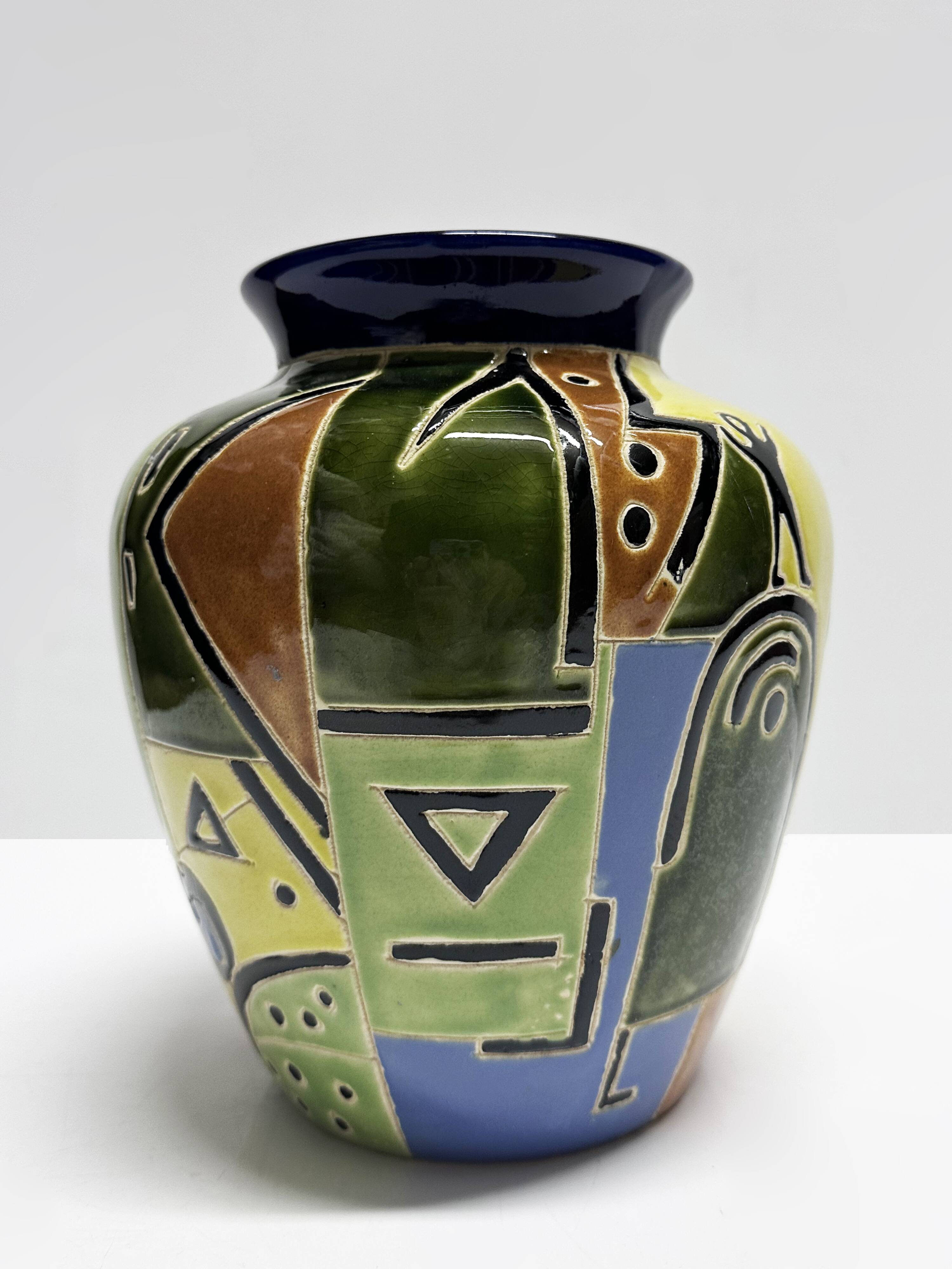 Glazed ceramic vase with Africanist decoration, France 1980s.